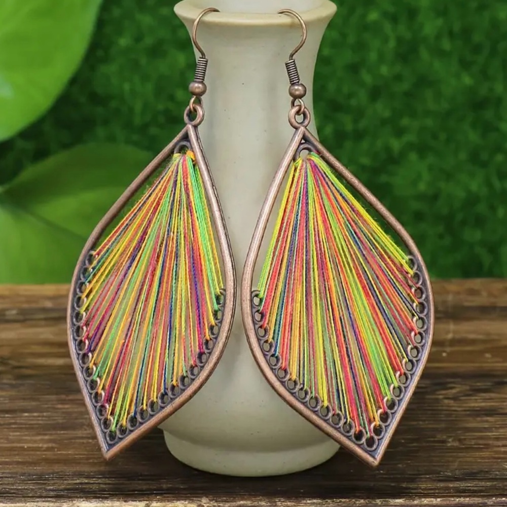 Multicolor String Art Leaf Earrings